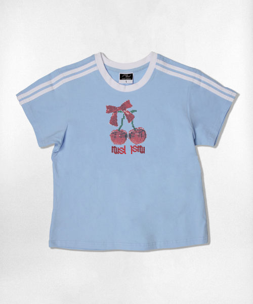 NOTUSUAL(ノットユージュアル)の「ドットチェリーセミクロップ半袖Tシャツ6色(Tシャツ/カットソー・レディース・ネイビー/ホワイト/ピンク/ホワイト×グリーン/スカイブルー/ライトブラウン・1(S))」の11枚目の写真