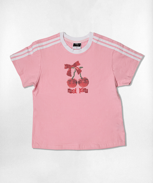 NOTUSUAL(ノットユージュアル)の「ドットチェリーセミクロップ半袖Tシャツ6色(Tシャツ/カットソー・レディース・ネイビー/ホワイト/ピンク/ホワイト×グリーン/スカイブルー/ライトブラウン・1(S))」の10枚目の写真