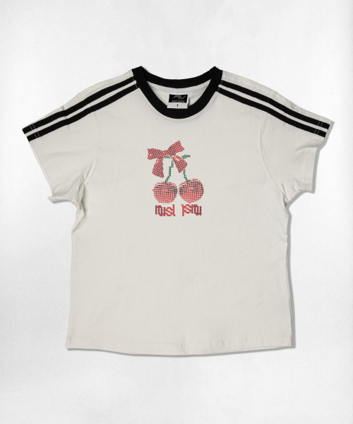 NOTUSUAL(ノットユージュアル)の「ドットチェリーセミクロップ半袖Tシャツ6色(Tシャツ/カットソー・レディース・ネイビー/ホワイト/ピンク/ホワイト×グリーン/スカイブルー/ライトブラウン・1(S))」の9枚目の写真
