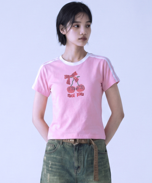 NOTUSUAL(ノットユージュアル)の「ドットチェリーセミクロップ半袖Tシャツ6色(Tシャツ/カットソー・レディース・ネイビー/ホワイト/ピンク/ホワイト×グリーン/スカイブルー/ライトブラウン・1(S))」の8枚目の写真