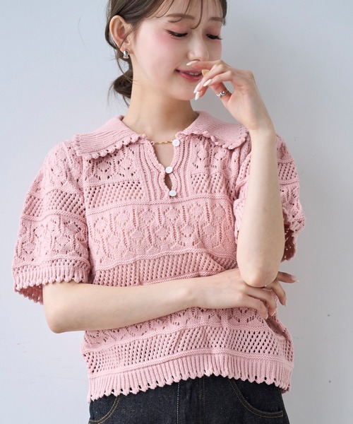 mil(ミル)の「柄編みポロニット【587277】(ニット/セーター・レディース・オフホワイト/ピンク・ONE SIZE)」の3枚目の写真