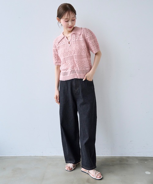 mil(ミル)の「柄編みポロニット【587277】(ニット/セーター・レディース・オフホワイト/ピンク・ONE SIZE)」の4枚目の写真