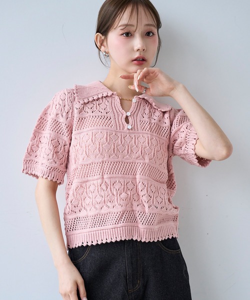 mil(ミル)の「柄編みポロニット【587277】(ニット/セーター・レディース・オフホワイト/ピンク・ONE SIZE)」の9枚目の写真