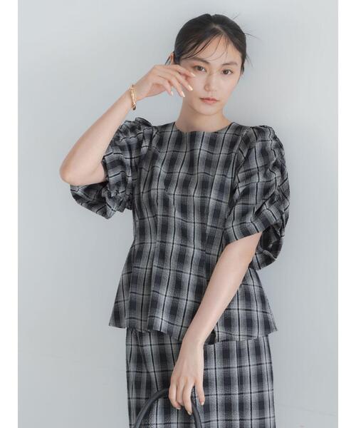 Sucker check balloon sleeve blouse — блуза с объёмными рукавами (сет‑ап возможен)