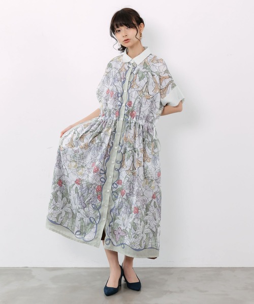 iS ScoLar(イズスカラー)の「562233:ステンドグラス風花柄シャツワンピース(ワンピース・レディース・グリーン/チャコールグレー/ベージュ・M)」の3枚目の写真