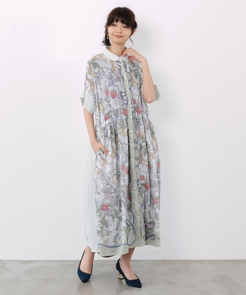 iS ScoLar(イズスカラー)の「562233:ステンドグラス風花柄シャツワンピース(ワンピース・レディース・グリーン/チャコールグレー/ベージュ・M)」の4枚目の写真