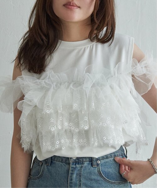 VENCEEXCHANGE(ヴァンスエクスチェンジ)の「マルチウェイチュールフリルトップス(Tシャツ/カットソー・レディース・ブラック/オフホワイト・FREE)」の1枚目の写真