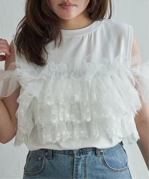 VENCEEXCHANGE(ヴァンスエクスチェンジ)の「マルチウェイチュールフリルトップス(Tシャツ/カットソー・レディース・ブラック/オフホワイト・FREE)」の5枚目の写真