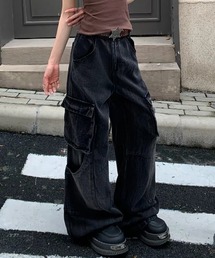 濃ブラックユーズドウォッシュ 多ポケットカーゴワイドフレアデニム ユニセックス ストリートボトムス