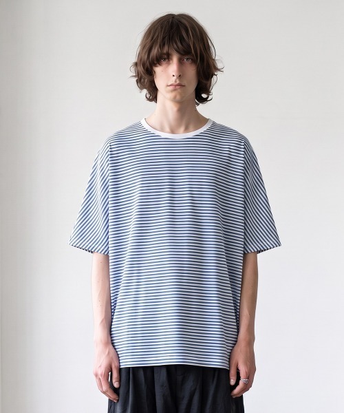 rehacer(レアセル)の「rehacer : Dolman Drape Border CS / ドルマン ドレープ ボーダー カットソー(Tシャツ/カットソー・メンズ・ブラック/ブルー・LARGE/SMALL/X-LARGE/MEDIUM)」の1枚目の写真