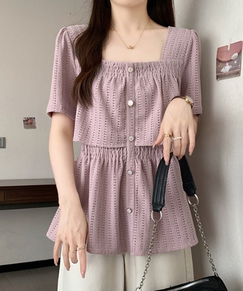 FLINEA（フリネア）の「スクエアネックラインパンチングレースウエスト絞りブラウス（シャツ/ブラウス・レディース・ブラック/ベージュ/ライトパープル・FREE）」の10枚目の写真