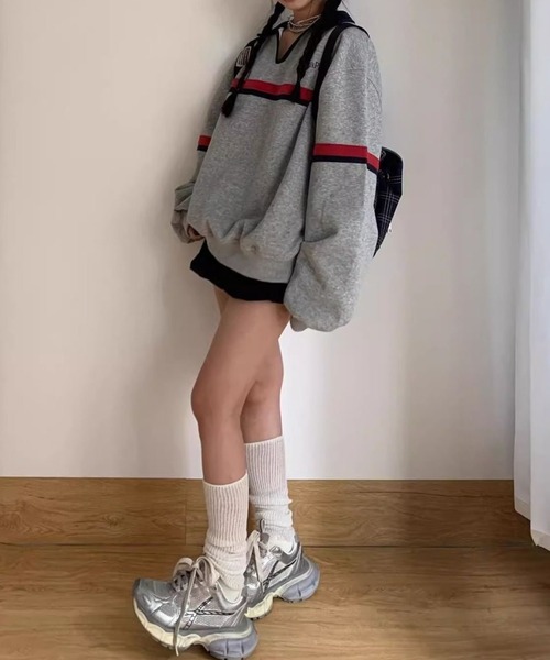 SHERU(シェル)の「カラーライン ハーフジップパーカー オーバーサイズ ロゴプリントレディース(スウェット・レディース・グレー・M)」の14枚目の写真