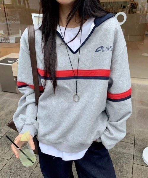 SHERU(シェル)の「カラーライン ハーフジップパーカー オーバーサイズ ロゴプリントレディース(スウェット・レディース・グレー・M)」の5枚目の写真