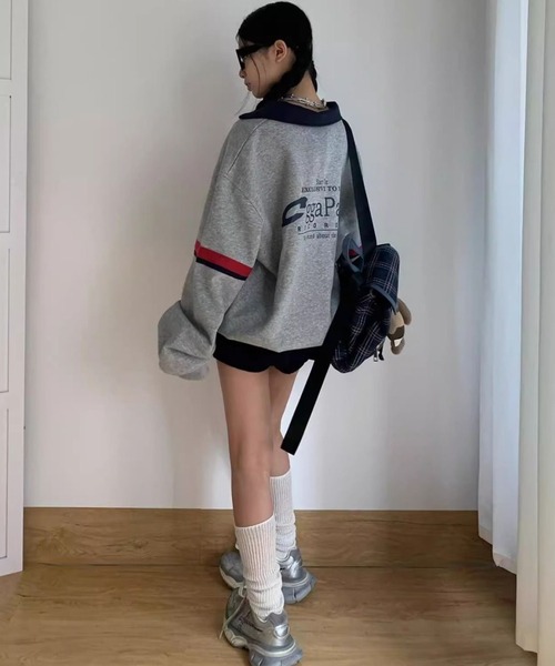 SHERU(シェル)の「カラーライン ハーフジップパーカー オーバーサイズ ロゴプリントレディース(スウェット・レディース・グレー・M)」の12枚目の写真