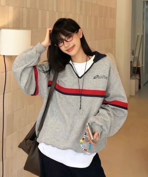 SHERU(シェル)の「カラーライン ハーフジップパーカー オーバーサイズ ロゴプリントレディース(スウェット・レディース・グレー・M)」の10枚目の写真