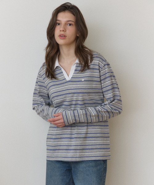 OURHOPE(アワーホープ)の「オープンカラー ロゴ ストライプ スリーブ Tシャツ - メランジェグレー(Tシャツ/カットソー・レディース・ライトグレー・ONE)」の2枚目の写真
