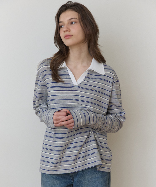 OURHOPE(アワーホープ)の「オープンカラー ロゴ ストライプ スリーブ Tシャツ - メランジェグレー(Tシャツ/カットソー・レディース・ライトグレー・ONE)」の3枚目の写真
