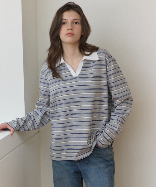 OURHOPE(アワーホープ)の「オープンカラー ロゴ ストライプ スリーブ Tシャツ - メランジェグレー(Tシャツ/カットソー・レディース・ライトグレー・ONE)」の4枚目の写真