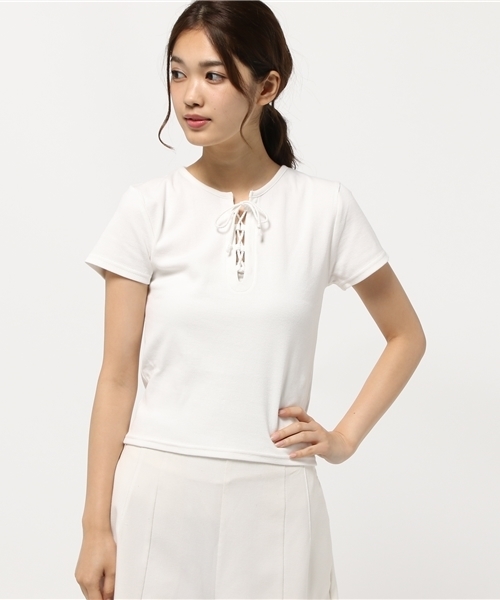 SLY（スライ）の「LACE UP テレコT/SH（Tシャツ/カットソー・レディース・レッド/ホワイト/ブラック/マルチ・1/2）」の12枚目の写真