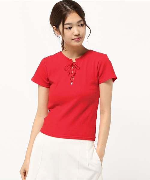 SLY（スライ）の「LACE UP テレコT/SH（Tシャツ/カットソー・レディース・レッド/ホワイト/ブラック/マルチ・1/2）」の14枚目の写真