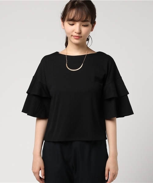 mysty woman（ミスティウーマン）の「パターンメッシュアクセ付きラッフルスリーブ（Tシャツ/カットソー・レディース・ブラック/ブルーグレー/イエロー系その他/オフホワイト・FREE）」の5枚目の写真