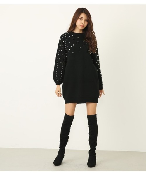 セール ワンピース フェイクパールパフスリーブニットワンピース ワンピース ワンピース Rienda リエンダ のファッション
