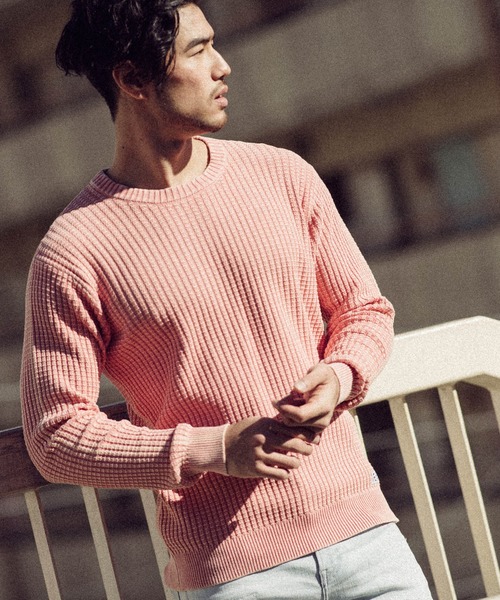 BAYFLOW（ベイフロー）の「コットンフェイドワッフルプルオーバー（ニット/セーター・メンズ・ベージュ/ライトグリーン/ブルー/ピンク・SMALL/MEDIUM/LARGE）」の4枚目の写真