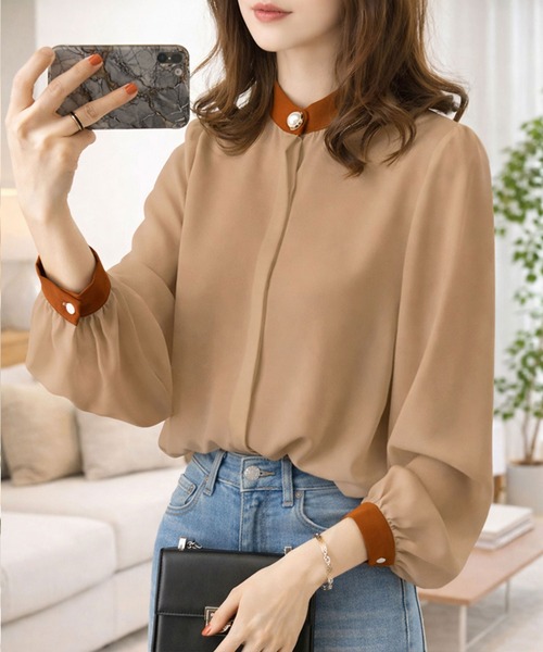 Amulet（アミュレット）の「【お気に入り3.5万人突破】デイリーにオンオフ着回せる◎　シフォンブラウス（シャツ/ブラウス・レディース・ホワイト/ベージュ/ネイビー/グリーン/ピンク/ブラウン/ボルドー/グレー/ブルー/ブラック・FREE）」の6枚目の写真