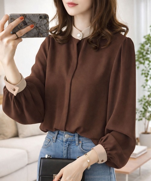 Amulet（アミュレット）の「【お気に入り3.5万人突破】デイリーにオンオフ着回せる◎　シフォンブラウス（シャツ/ブラウス・レディース・ホワイト/ベージュ/ネイビー/グリーン/ピンク/ブラウン/ボルドー/グレー/ブルー/ブラック・FREE）」の5枚目の写真