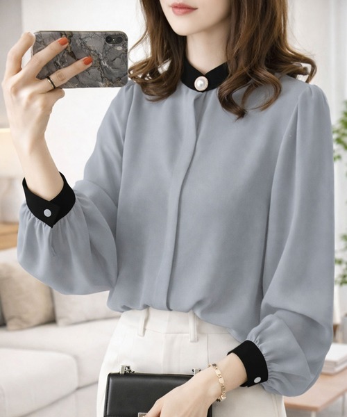 Amulet（アミュレット）の「【お気に入り3.5万人突破】デイリーにオンオフ着回せる◎　シフォンブラウス（シャツ/ブラウス・レディース・ホワイト/ベージュ/ネイビー/グリーン/ピンク/ブラウン/ボルドー/グレー/ブルー/ブラック・FREE）」の4枚目の写真