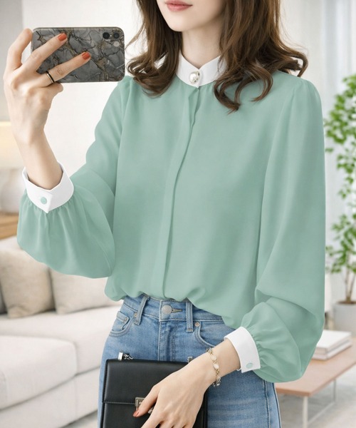 Amulet（アミュレット）の「【お気に入り3.5万人突破】デイリーにオンオフ着回せる◎　シフォンブラウス（シャツ/ブラウス・レディース・ホワイト/ベージュ/ネイビー/グリーン/ピンク/ブラウン/ボルドー/グレー/ブルー/ブラック・FREE）」の7枚目の写真