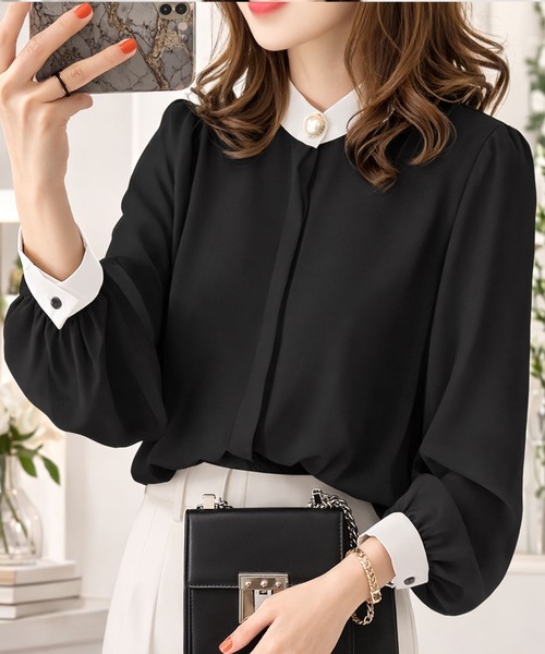 Amulet（アミュレット）の「【お気に入り3.5万人突破】デイリーにオンオフ着回せる◎　シフォンブラウス（シャツ/ブラウス・レディース・ホワイト/ベージュ/ネイビー/グリーン/ピンク/ブラウン/ボルドー/グレー/ブルー/ブラック・FREE）」の3枚目の写真