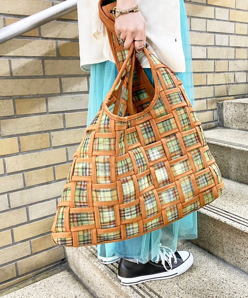 PROTCOL(プロトコル)の「【PROTCOL】メッシュチェックバッグ(トートバッグ・レディース・グリーン/パープル・FREE)」の1枚目の写真