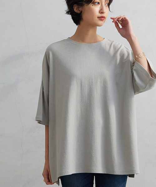 OMNES（オムネス）の「梨地ビッグボックス半袖Tシャツ（Tシャツ/カットソー・レディース・ホワイト/ブラック/グリーン系その他/サーモンピンク・FREE）」の4枚目の写真