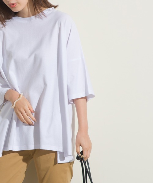 OMNES（オムネス）の「梨地ビッグボックス半袖Tシャツ（Tシャツ/カットソー・レディース・ホワイト/ブラック/グリーン系その他/サーモンピンク・FREE）」の6枚目の写真