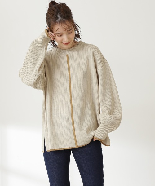 N.（N. Natural Beauty Basic）（エヌエヌナチュラルビューティーベーシック）の「◆配色ライン切替ニット（ニット/セーター・レディース・ベージュ/ライトグリーン・MEDIUM）」の3枚目の写真