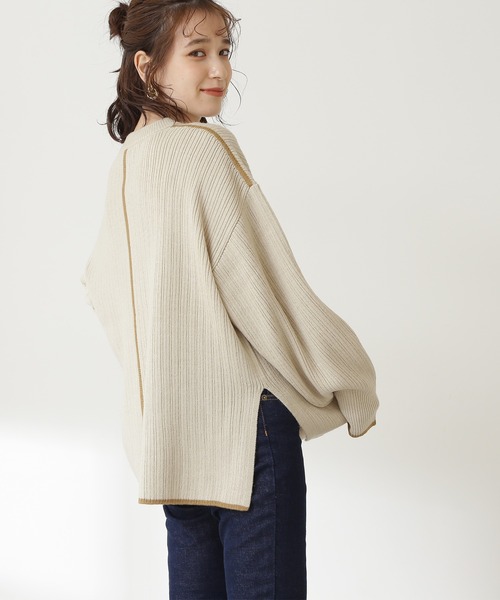 N.（N. Natural Beauty Basic）（エヌエヌナチュラルビューティーベーシック）の「◆配色ライン切替ニット（ニット/セーター・レディース・ベージュ/ライトグリーン・MEDIUM）」の4枚目の写真