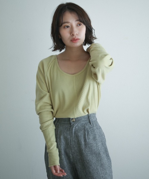 spoon store（スプーンストア）の「ハニカムテレコラグランプルオーバー（Tシャツ/カットソー・レディース・グリーン/アイボリー・フリー）」の2枚目の写真