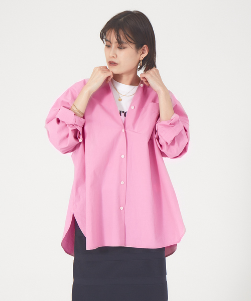 Rouge vif(ルージュヴィフ)の「【ロングセラー】オーバーサイズシャツ(シャツ/ブラウス・レディース・ピンク/ブルー/ネイビー/ストライプ/サックスブルー/ホワイト/ブラウン/ブラック・フリー)」の7枚目の写真