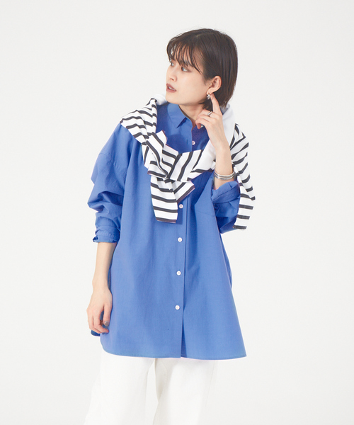 Rouge vif(ルージュヴィフ)の「【ロングセラー】オーバーサイズシャツ(シャツ/ブラウス・レディース・ピンク/ブルー/ネイビー/ストライプ/サックスブルー/ホワイト/ブラウン/ブラック・フリー)」の6枚目の写真