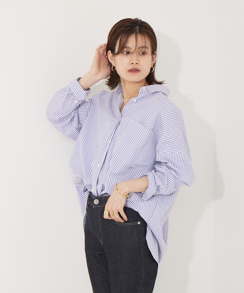 Rouge vif(ルージュヴィフ)の「【ロングセラー】オーバーサイズシャツ(シャツ/ブラウス・レディース・ピンク/ブルー/ネイビー/ストライプ/サックスブルー/ホワイト/ブラウン/ブラック・フリー)」の8枚目の写真