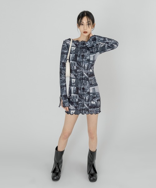 FOLLOWIN（フォロウィン）の「【FLW MADE/WOMAN】プリント ストレッチワンピース（ワンピース・レディース・アイボリー/ブラック/バーガンディー・FREE）」の4枚目の写真