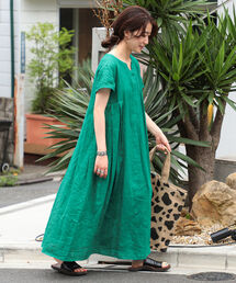 Ray BEAMS | Ray BEAMS / 麻 バック タック キーネック ワンピース(ワンピース)