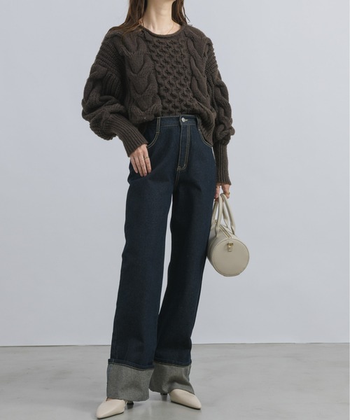 NEUNA（ヌナ）の「【大きな編地がこなれ感のあるニット。】クロップド丈/ショート丈ケーブルニット（ニット/セーター・レディース・オレンジ/ブラウン/ホワイト・FREE）」の13枚目の写真