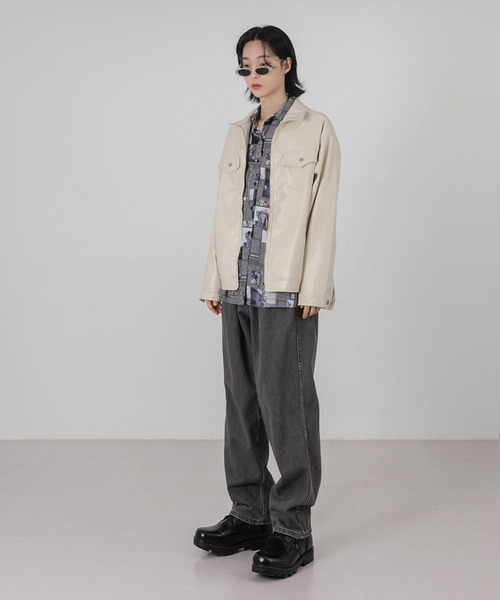 FOLLOWIN（フォロウィン）の「【UNISEX】フェイクフロントジッパージャケット（ライダースジャケット・メンズ・ブラック/クリーム・FREE）」の3枚目の写真