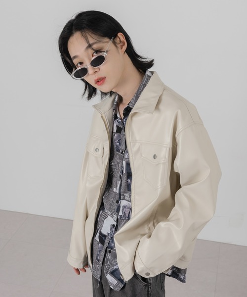 FOLLOWIN（フォロウィン）の「【UNISEX】フェイクフロントジッパージャケット（ライダースジャケット・メンズ・ブラック/クリーム・FREE）」の4枚目の写真