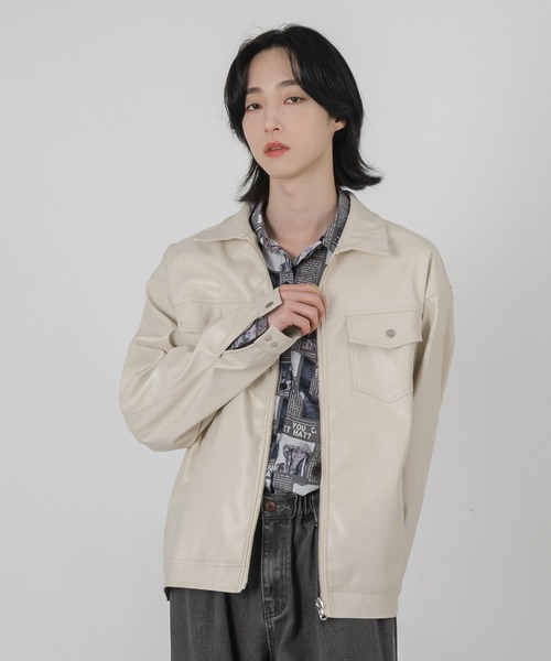 FOLLOWIN（フォロウィン）の「【UNISEX】フェイクフロントジッパージャケット（ライダースジャケット・メンズ・ブラック/クリーム・FREE）」の13枚目の写真
