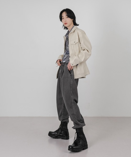 FOLLOWIN（フォロウィン）の「【UNISEX】フェイクフロントジッパージャケット（ライダースジャケット・メンズ・ブラック/クリーム・FREE）」の8枚目の写真