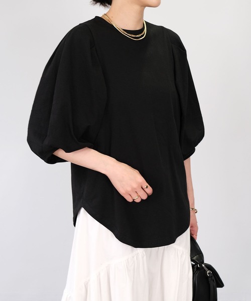 ＡＮＤＪ（アンドジェイ）の「タックボリューム袖Tシャツ（Tシャツ/カットソー・レディース・オフホワイト/ブラック・M）」の2枚目の写真