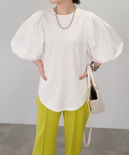 ＡＮＤＪ（アンドジェイ）の「タックボリューム袖Tシャツ（Tシャツ/カットソー・レディース・オフホワイト/ブラック・M）」の7枚目の写真